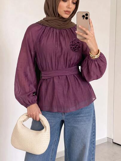 Solavon Blusa elegante de mujer de unicolor con decoración floral 3D y cintura anudada
