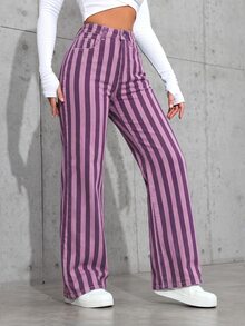SHEIN ICON 女款條紋高腰口袋寬腿寬鬆牛仔褲 - 彩色 - 查看 3