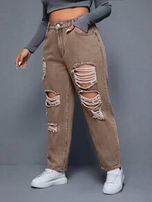 SHEIN ICON 大尺碼女款口袋磨損錐形休閒百搭牛仔褲 - 卡其色 - 查看 6