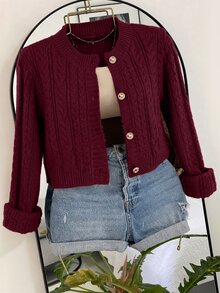 Franclia Caramel Cable Knit Cardigan, Round Neck Pearl Button Short Vintage Soft Style Sweater - Burgundy - View 4