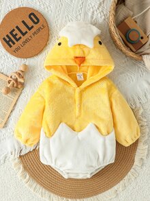 SHEIN Playful Pals 男嬰可愛小雞設計連帽毛絨連身衣，適合角色扮演與日常穿著 - 黃色 - 查看 8