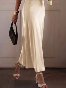 Firerie Elegant Commute Solid Color Satin Long Skirt - Apricot - View 4