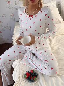 CottageSlumber Women's Heart Polka Dot Print Round Neck Waist Bow Fitted Base Layer Pajama Set - White - View 1