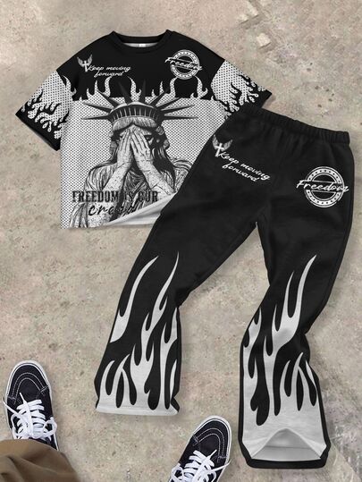 Conjunto de 2 piezas para adolescente chico, camiseta de cuello redondo de manga corta y pantalones acampanados, estilo casual minimalista, adecuado para verano, estampado gráfico clásico de rostro de diosa de la victoria, estampado gráfico clásico de llamas con lunares estilo callejero, adecuado para otoño/invierno, adecuado para Y2K