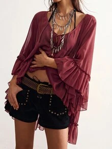 Bohemela Casual Solid Color Woven Ruffle Trim Oversized Women's Shirt - Rust Brown - View 5