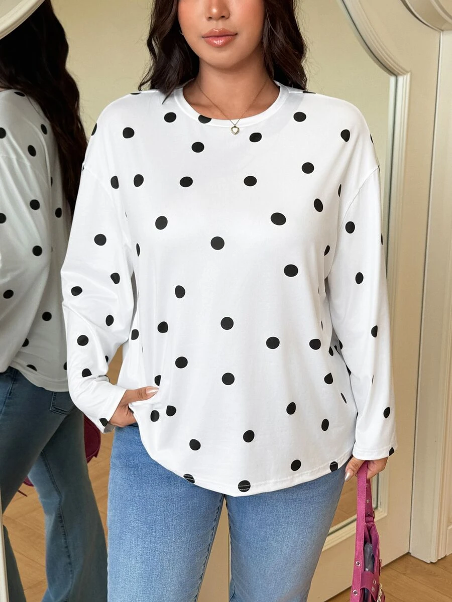 GalTyme Plus Size Women Polka Dot Casual Versatile Daily Wear T-Shirt Fall - Black and White - View 1
