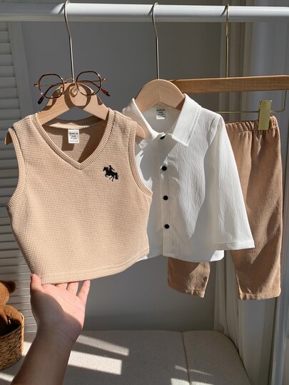 Baby Boy Horse Print Sleeveless Vest, Collared Long Sleeve Shirt, Elastic Waist Long Pants 3 Pieces Set
