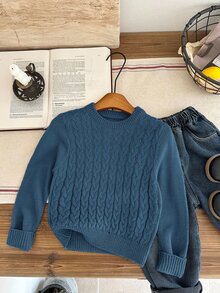 SHEIN 兒童小男孩秋冬毛衣，柔軟舒適學院風學院風校服，適合返校日、職業日、聖誕節、萬聖節、生日 - 霧霾藍 - 查看 3