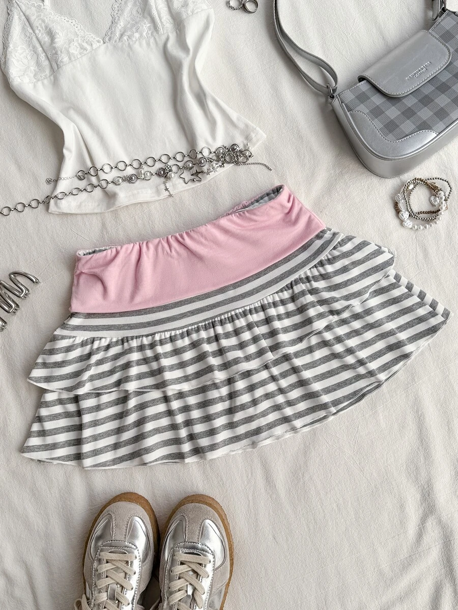 Attitoon Y2K Striped Double Layer Ruffle Hem Casual Skirt - Grey - View 1