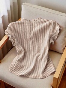 INAWLY Plus Size Summer Casual Striped Short Sleeve Shirt - Khaki - View 2