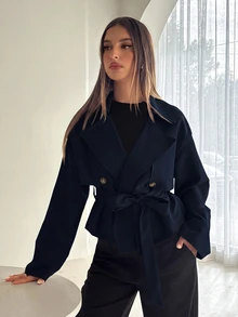 Aloruh 女款秋季休閒優雅雙排扣風衣 辦公商務海軍藍 - 藏蓝色 - 查看 8