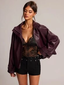 SHEIN BAE 女款時尚街頭風高領鈕扣長袖夾克外套 - 酒紅色 - 查看 3