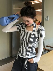 DAZY Women's Striped Short Sleeve Tie-Front T-Shirt - Grey - View 4
