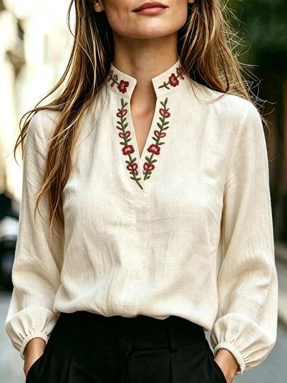 EMERY ROSE Women's Floral Embroidered Notch V-Neck Long Sleeve Casual Shirt