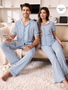 CoupledUp Men's Blue Striped Print Small Lapel V-Neck Thin Short Sleeve Long Pants Casual Comfortable Wearable 2 Pieces Pajama Set - Blue - View 1