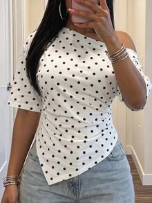 Slaydiva 女款不對稱領波點印花不對稱下擺T恤 - 彩色 - 查看 3