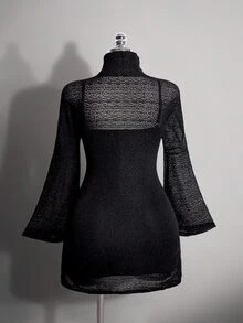 SHEIN ICON Plus Size Y2K Stand Collar Mesh Sheer Flare Sleeve Dress 2 Pieces Set, Halloween Gothic Vintage 2 Pieces Set Fall - Black - View 2
