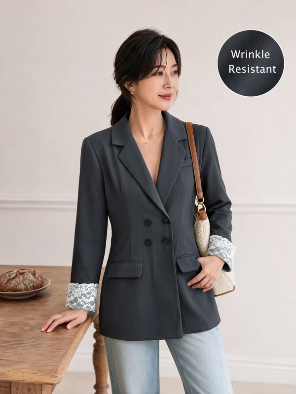 SHEIN LUNE Blazer Kasual Wanita Elegan dengan Detail Renda Kontras untuk Aktivitas Komuter