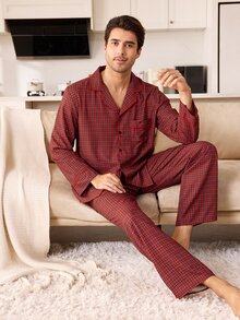 CoupledUp Men's Couple Red Plaid Long Sleeve Pants Pajama Set 2pcs - Red - View 2
