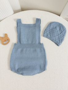 SHEIN Set Baju Terusan dan Topi Bayi Laki-laki Warna Polos Serbaguna dan Nyaman (2 potong) - Biru - View 3