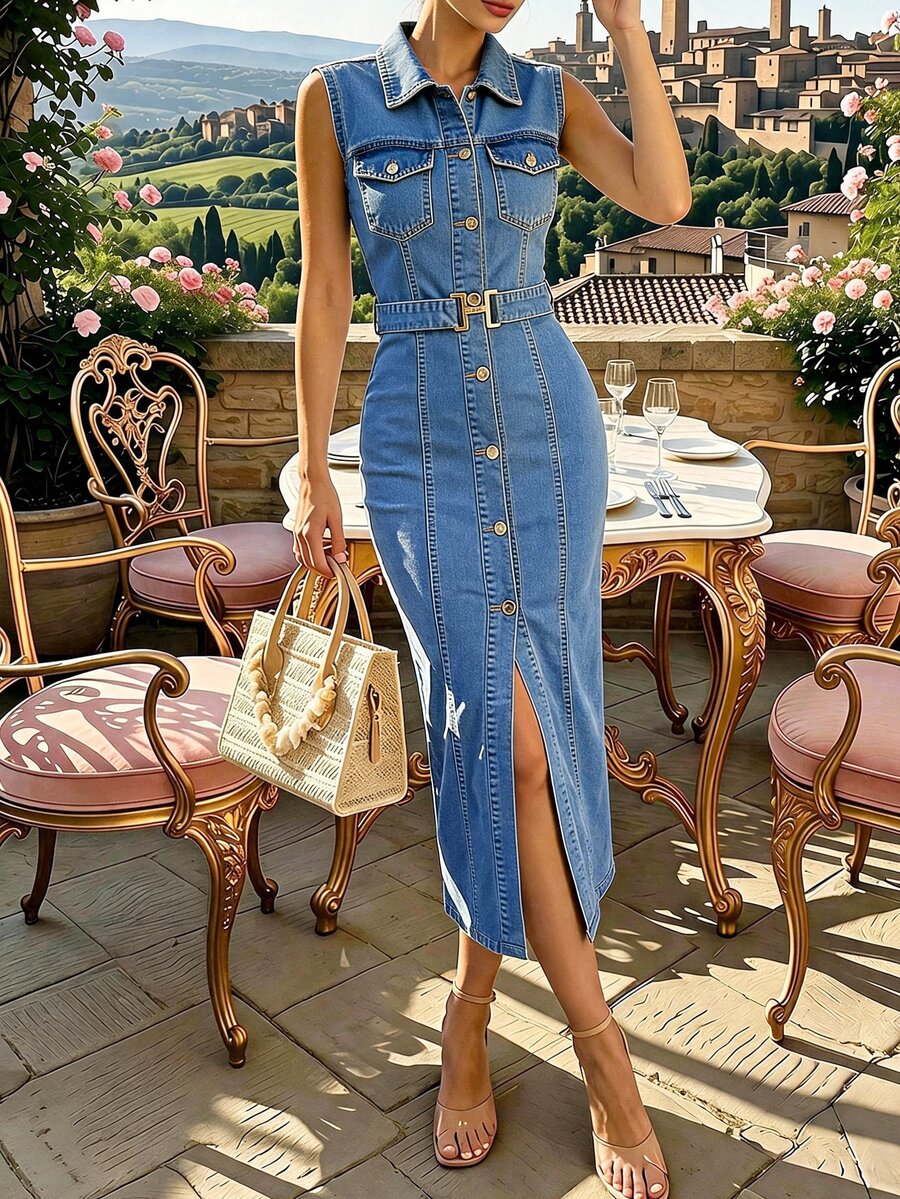 SHEIN LUNE Women's Collared Single-Breasted Fitted Casual Sleeveless Denim Dress - Blue - View 1