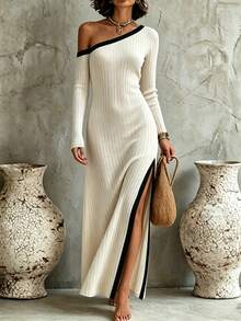 SHEIN Women's Colorblock Asymmetric Shoulder Long Sleeve Side Slit Hem Casual Dress - Apricot - View 1