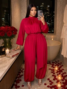 SOLERSUN Jumpsuit Ukuran Besar Model Halter Neck Lengan Panjang Berkerut dengan Celana Panjang Lebar Berlipit di Pinggang, Nuansa Santai Liburan Pantai Warna Burgundy untuk Musim Gugur - Burgundy - View 3