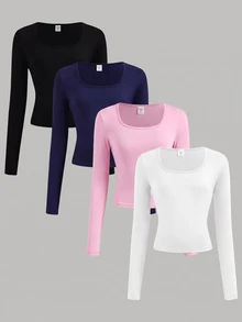 Girlism 青少年女孩秋冬款白色黑色灰色藍色方領長袖針織修身多色百搭簡約打底T恤上衣4件組 - 彩色 - 查看 10