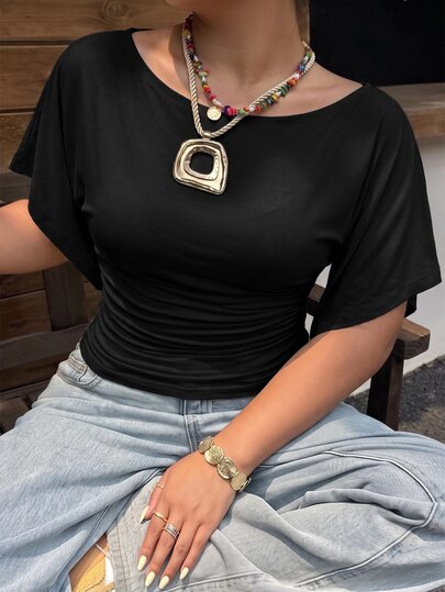 Muchica Plus Size Women Solid Color Pleated Casual Versatile Everyday Travel T-Shirt