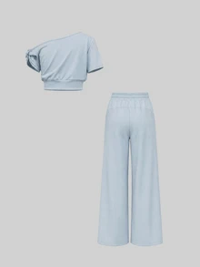 Sweetra Women's Solid Color Asymmetric Neck Top And Pants Casual Daily Sports Outfit - Baby Blue - View 2