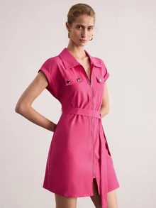 SHEIN 女款純色短袖拉鍊夏季洋裝 酒紅色 女裝套裝 - 玫紅色 - 查看 4