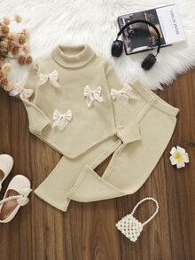 SHEIN Girlss Sweater Co-Ords High Neck Bow Knitted Sweater Set Asymmetrical Hem Top And Flared Long Wide Leg Pants 2 Piece Set Soft And Skin-Friendly Fall W - Apricot - View 7
