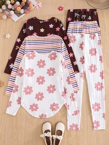 SHEIN 青少年女孩彩色花卉印花長袖T恤與長褲套裝，四季舒適穿著 - 彩色 - 查看 2