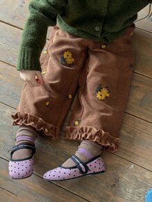 DAZY Baby Girl Ruffle Hem Floral Embroidered Casual Long Pants - Coffee Brown - View 8