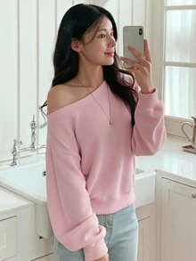 DAZY 女款寬鬆版型不對稱肩長袖T恤 - 粉色 - 查看 2