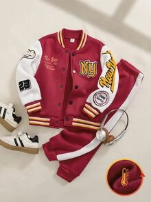 Playful Pals 2件組男孩大學風字母印花刺繡純色拼接前開扣休閒棒球長袖夾克與長褲套裝，羅紋領口、袖口與下擺設計，適合秋冬、戶外、街頭、日常穿著、運動、校園、旅行、度假 - 紅色 - 查看 3