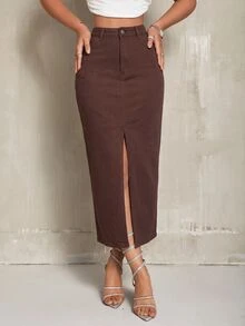 SHEIN SXY 女款休閒百搭日常穿著牛仔裙，開衩設計 - 酒紅色 - 查看 5