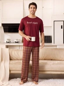 CoupledUp Men's Knitted Round Neck Short Sleeve Long Pants Plaid Print Pajama 2 Pieces Set - Multicolor - View 2