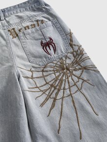 ROMWE Goth Damen-Jeans mit Spinnennetz-Stickerei, lockerer gerader Beinschnitt - Babyblau - Übersicht 4