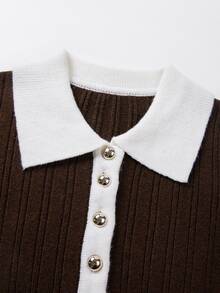 SHEIN New Ribbed Knit Midi Dress, Polo Collar Off-White Contrast, Slim Bodycon For Fall Winter - Coffee Brown - View 3