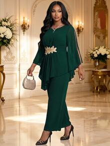 Fleurora Plus Size Elegant Party Floral Embroidered Top And Pants 2 Pieces Set - Dark Green - View 3