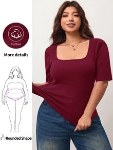 Enliva Plus Size Women's High Elasticity Slim Fit Square Neck Short Sleeve T-Shirt, Skin-Friendly Spring/Summer Style, Flattering For Round Body Shape (Suitable For Apple-Shaped Body) - Burgundy - View 1