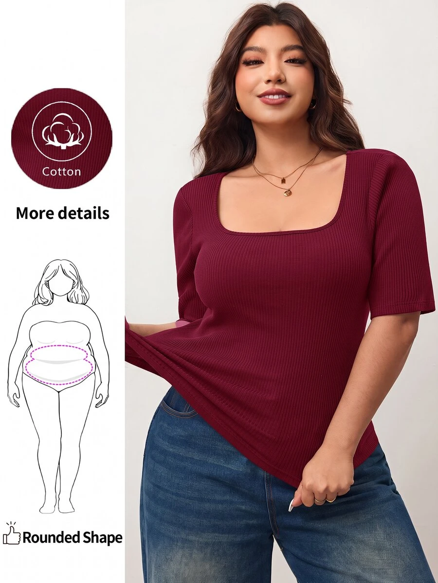 Enliva Plus Size Women's High Elasticity Slim Fit Square Neck Short Sleeve T-Shirt, Skin-Friendly Spring/Summer Style, Flattering For Round Body Shape (Suitable For Apple-Shaped Body) - Burgundy - View 1