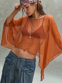 Bohemela Women's Solid Color Sheer Vacation Top For Beach - Orange - View 3