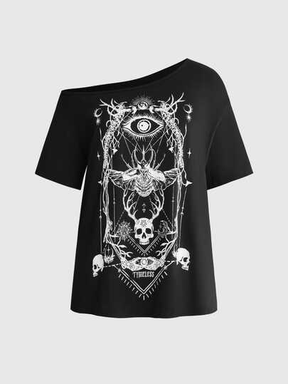 Goth Camiseta holgada de un solo hombro con caída de hombro para mujer talla grande, estampado de astrolabio con calavera gótica oscura y esqueleto de insecto