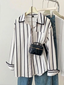 Comfortcana 女款刺繡棕色條紋拼接長袖修身時尚襯衫，附口袋，休閒優雅翻領 - 黑色 - 查看 3