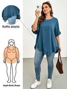 Shapeblank Áo blouse nữ size lớn màu trơn cổ tròn tay ngắn gấu bèo dáng rộng - Màu xanh ngọc - Xem 1