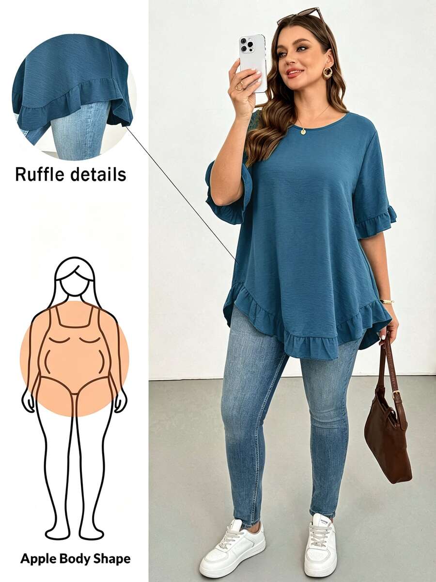 Shapeblank Áo blouse nữ size lớn màu trơn cổ tròn tay ngắn gấu bèo dáng rộng - Màu xanh ngọc - Xem 1