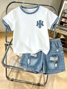 SHEIN 青少年男孩字母貼布短袖T恤與仿牛仔印花短褲休閒套裝 - 彩色 - 查看 2