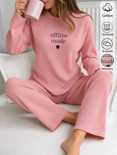 SHEIN Minimal Letter Graphic Ribbed Sleepwear Co-Ord